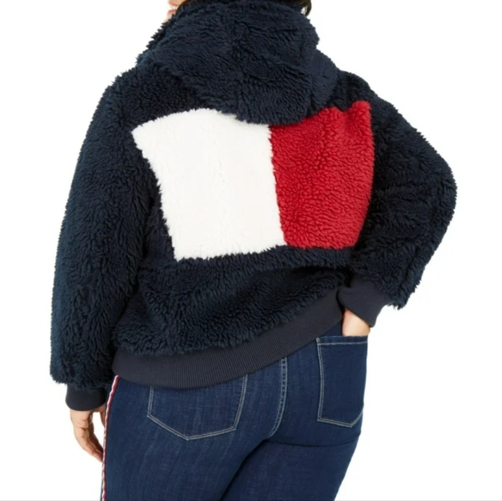 New Tommy Hilfiger Women's Colorblock Teddy Plus Size Large Logo Coat Size 1X